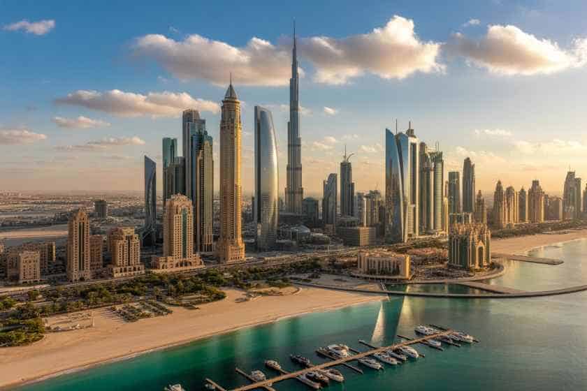 Dubai skyline with tall skyscrapers along a beachfront, including the Burj Khalifa, glowing at sunset.