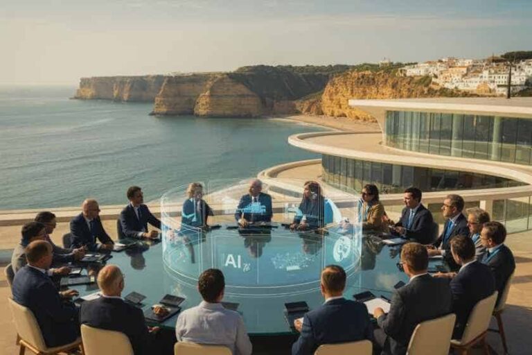 Business professionals sit around a circular glass conference table on a balcony overlooking the sea and cliffs, with an AI-themed holographic display in the center