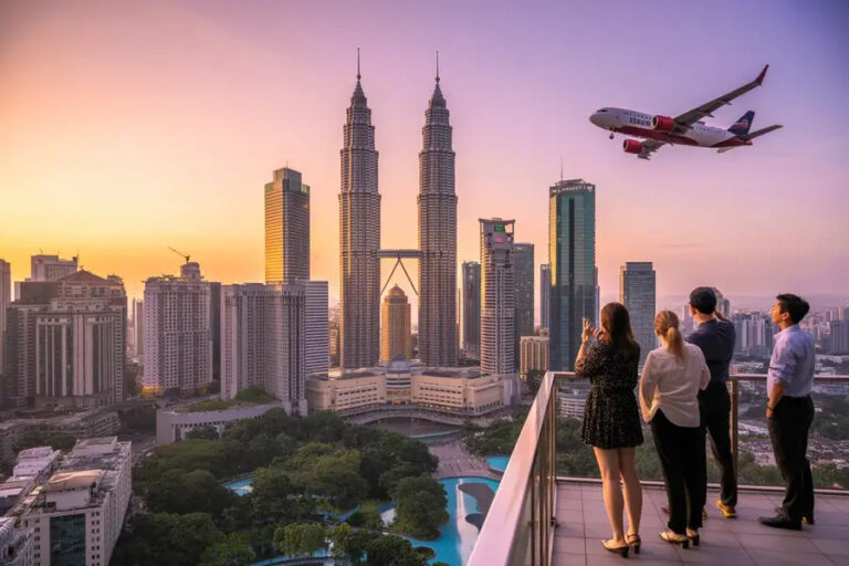 Group of four people on a balcony overlooking Kuala Lumpur's skyline at sunset, featuring the Petronas Towers, with an airplane passing overhead.
