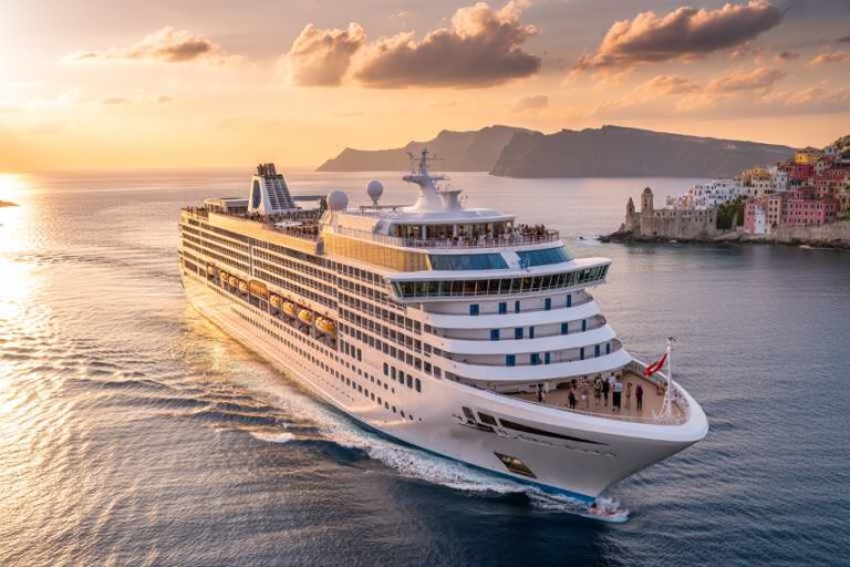 Large white cruise ship sailing near a coastline at sunset with passengers on the upper deck