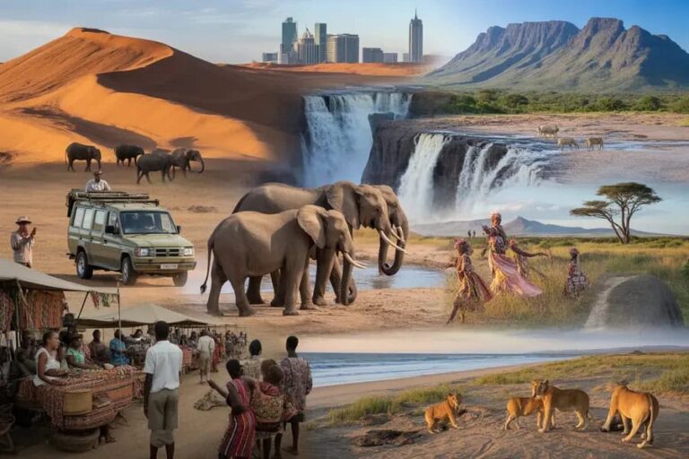 A collage of Africa’s scenes: elephants by a river, a safari jeep, market stalls, desert dunes, a wide waterfall, dancers, savanna and distant city skyscrapers.