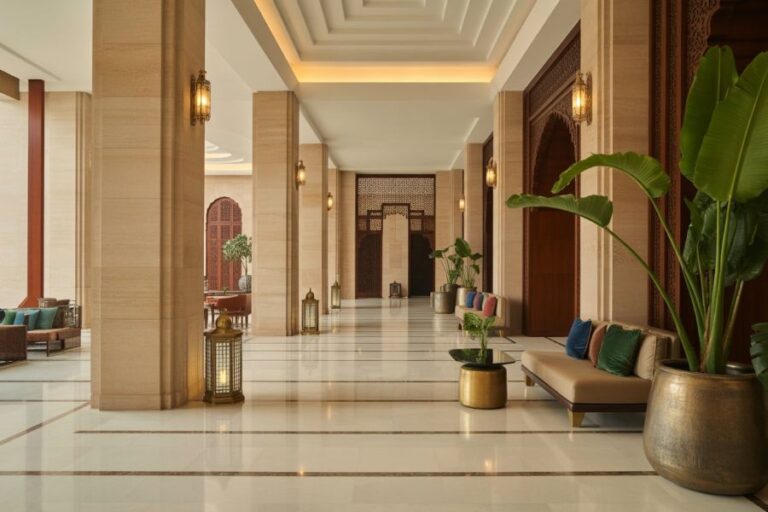 Luxurious hotel lobby with tall beige columns, marble floor, and seating area with colorful cushions.
