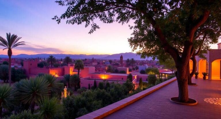 Sunset over a desert town with pink-purple sky, palm trees, and adobe-style buildings viewed from a terrace with a tree in the foreground.