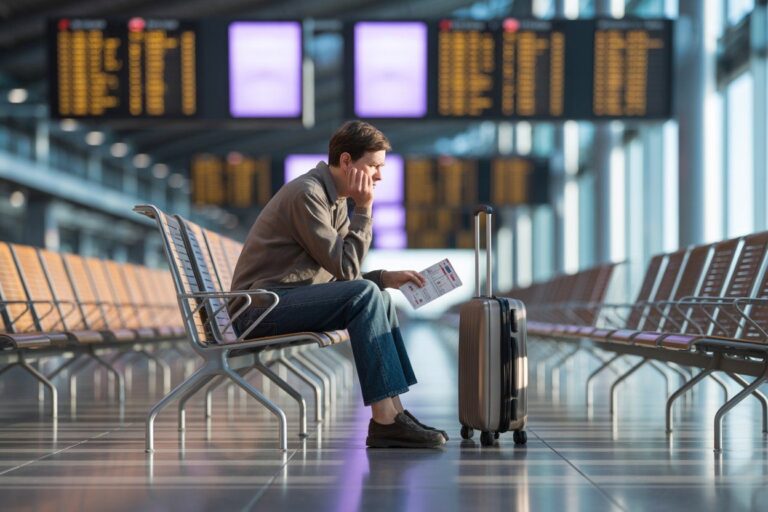 Man sitting in an airport terminal, checking a boarding pass with a rolling suitcase beside him while waiting for a flight.