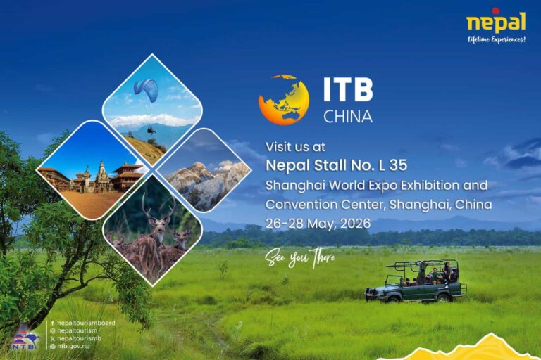Promotional banner for ITB China: Nepal booth with a diamond collage of Nepal scenery and a touring jeep on a grassy field.