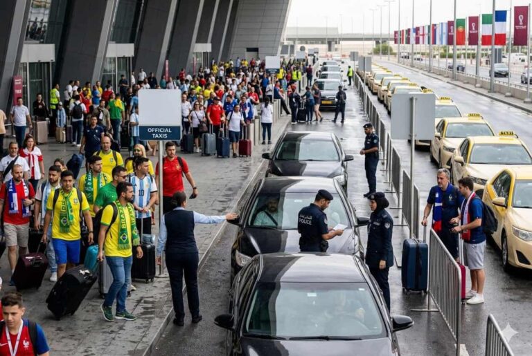 Crowd of travelers with luggage lined up outside an airport terminal, waiting for taxis as police supervise the curb area.