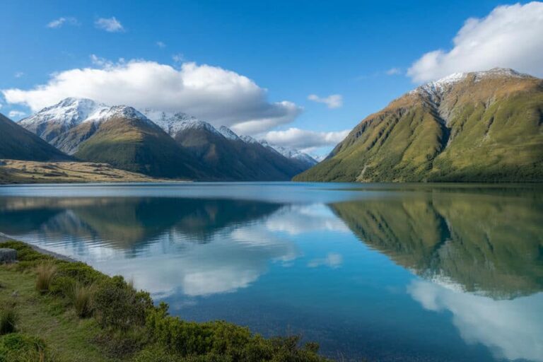 Snow-capped mountains reflect in a calm blue lake under a clear sky, with a grassy foreground edge.