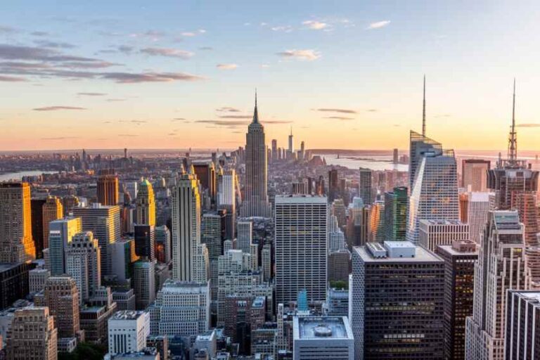 City skyline at sunset with tall skyscrapers including the Empire State Building, bathed in warm orange light.