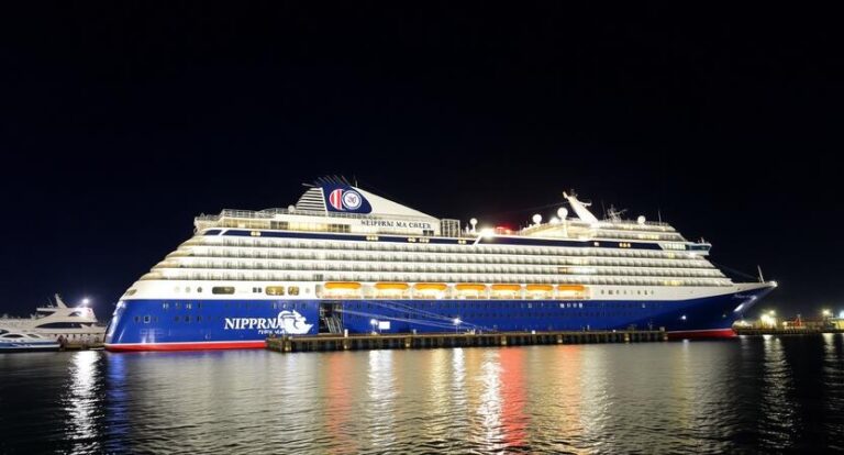 Night photo of a large illuminated cruise ship docked at a harbor, its blue hull and white superstructure reflecting on calm water.