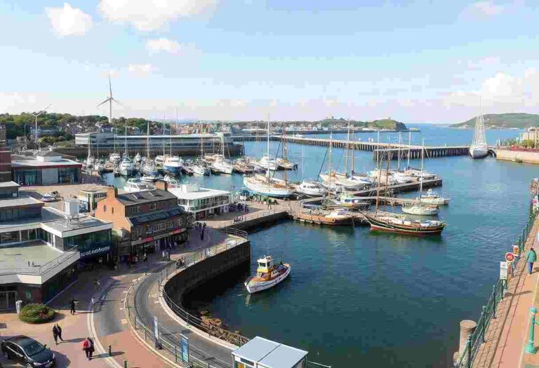 Busy marina at a harbor with moored sailboats and a walkway along the waterfront, daytime light.