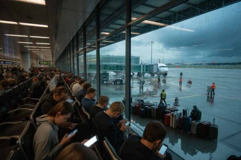 Crowded airport gate with passengers seated, many looking at phones as a plane sits at the jetway outside and luggage lines the tarmac.