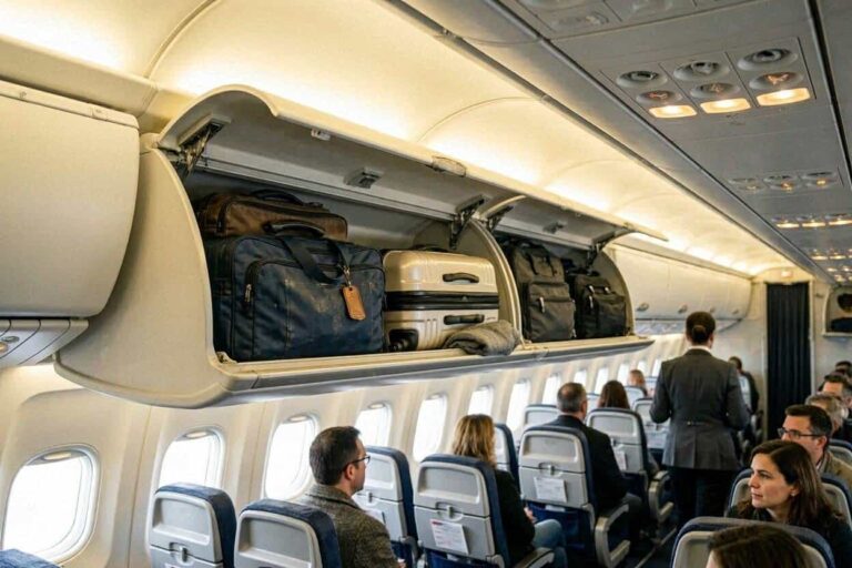 Passengers sit in an airplane cabin with open overhead bins filled with suitcases as a flight attendant stands in the aisle.
