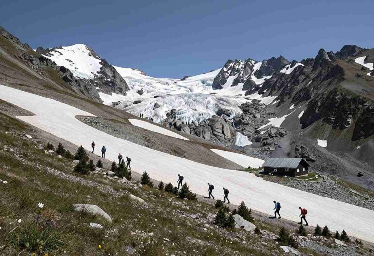 Group of hikers trekking up a snowy mountain slope toward a small wooden cabin with a glacier and jagged peaks in the background.