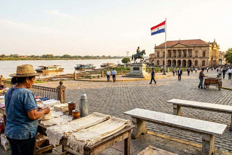Vendor selling crocheted lace at a riverside promenade with a stone bench and a cobblestone square; in the background a statue on a pedestal and a grand building with a flag flying overhead.