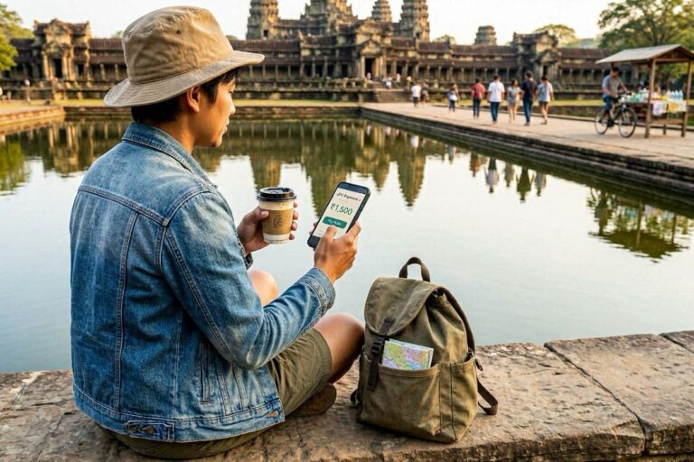 Traveler in a denim jacket and hat sits by a temple courtyard pond, using a mobile payment app while holding coffee.