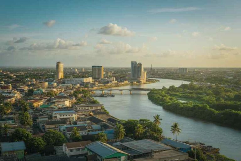 Aerial view of a tropical city with a winding river, a bridge, and several high-rise buildings along the waterfront.