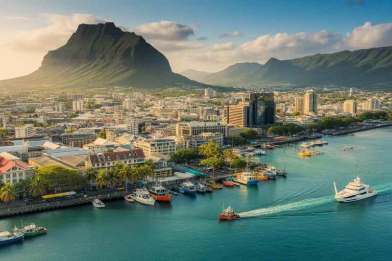 Coastal city waterfront with colorful buildings, palm trees, and boats in a harbor, mountains in the background.