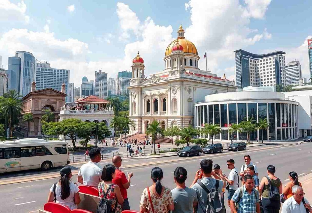 Tourists on a busy city street photograph a historic white church with a golden dome beside modern glass buildings and palm trees.