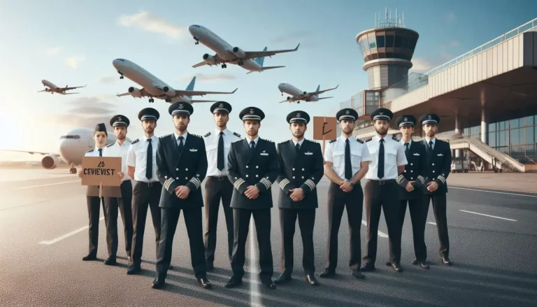 Group of airline pilots in uniform standing in formation on a runway with planes taking off in the background.