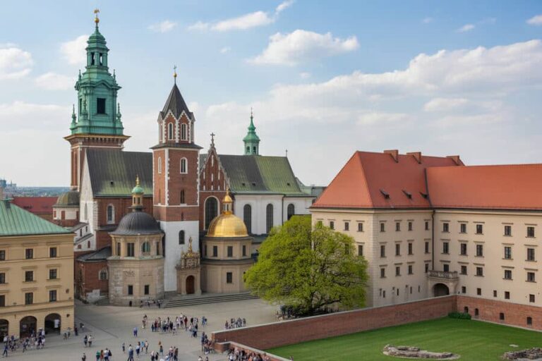Historic castle complex with tall green-spired towers, red-brick church, and a domed chapel in a sunny plaza of visitors and a tree-lined courtyard.