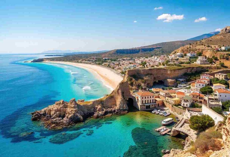 Aerial view of a sunny seaside village built on cliffs, with a curved sandy beach and turquoise sea.