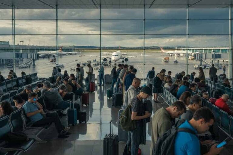 Busy airport terminal with travelers seated and waiting, planes visible through large glass windows outside.