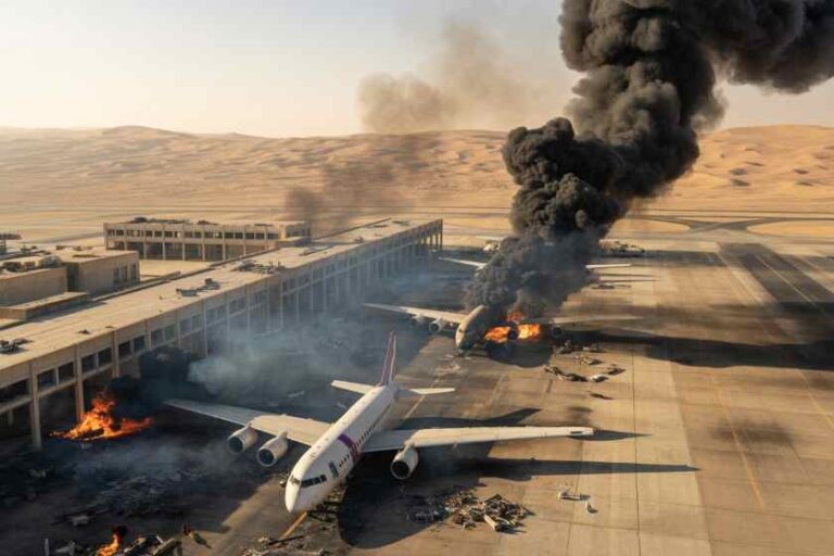 Airplane crash on a runway at a desert airport; flames and thick black smoke rise from the burning aircraft beside the terminal.”