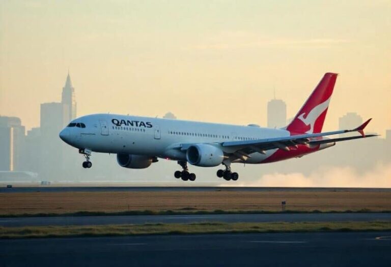 Qantas airplane landing on runway with city skyline in the background, fuselage showing the Qantas logo.