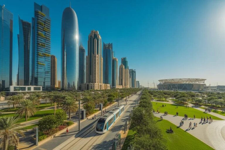 Modern city skyline with tall glass skyscrapers and a tram on a track beside a green park under a blue sky.