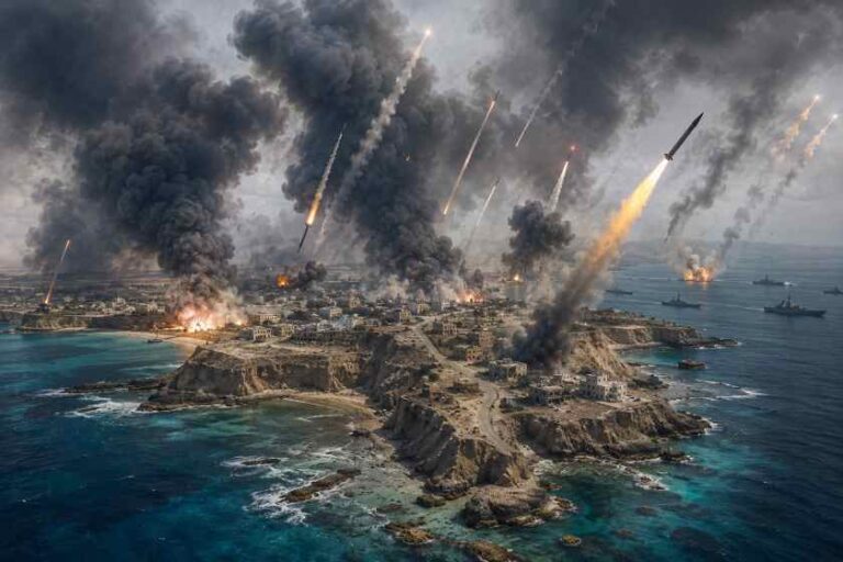 Explosions and black smoke rise over a rocky coastal town as missiles streak through the sky and ships shell the water nearby.