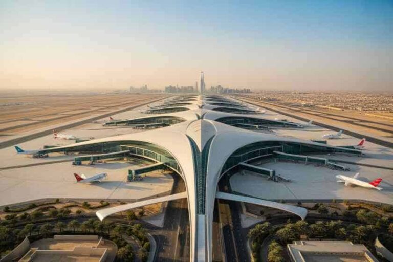 Aerial view of a futuristic airport with a central spine and curved concourses, planes at gates, desert surroundings in the distance.