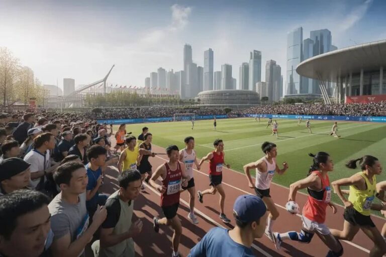 Runners sprint along a track at a crowded stadium with a city skyline in the background.