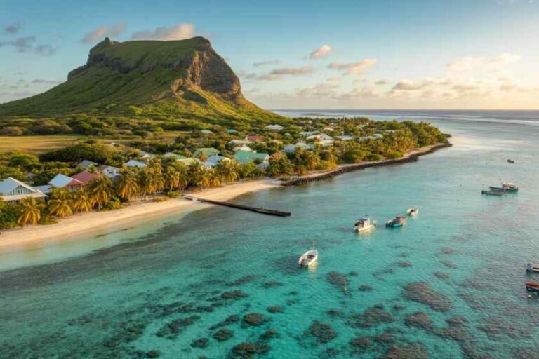 Aerial view of a tropical island with a green hill, palm-lined beach, and turquoise bay with boats anchored offshore.