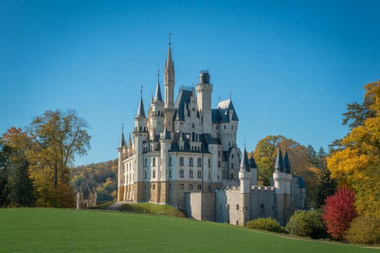 Fairytale-style castle with multiple tall spires and gray stone walls, set on a grassy landscape under a bright blue sky.
