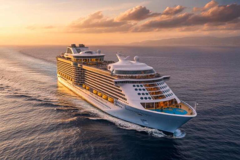 Large white cruise ship sailing at sunset across calm sea, with golden sky and distant horizon.