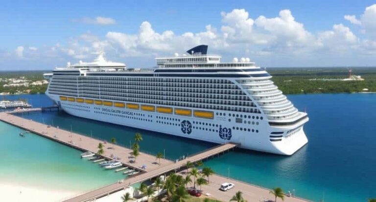 Large white cruise ship docked at a tropical port with turquoise water and palm-lined quay nearby.