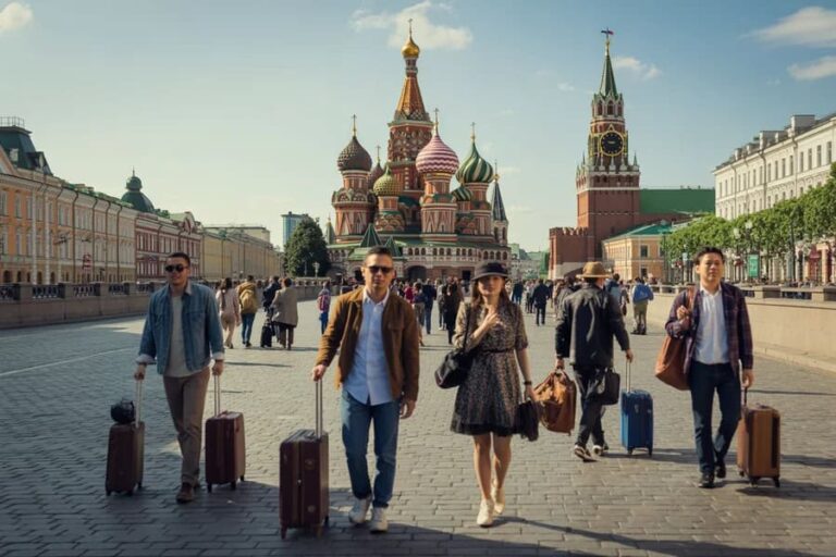 Tourists with rolling suitcases walk toward Saint Basil's Cathedral on Red Square in Moscow, Russia.