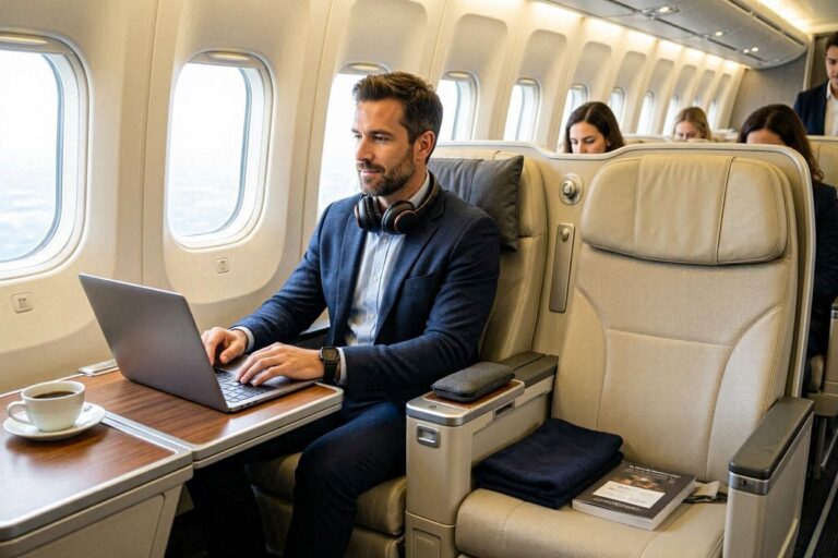 Man in a blazer types on a laptop in a plane's business class, with headphones around his neck and a coffee cup nearby.