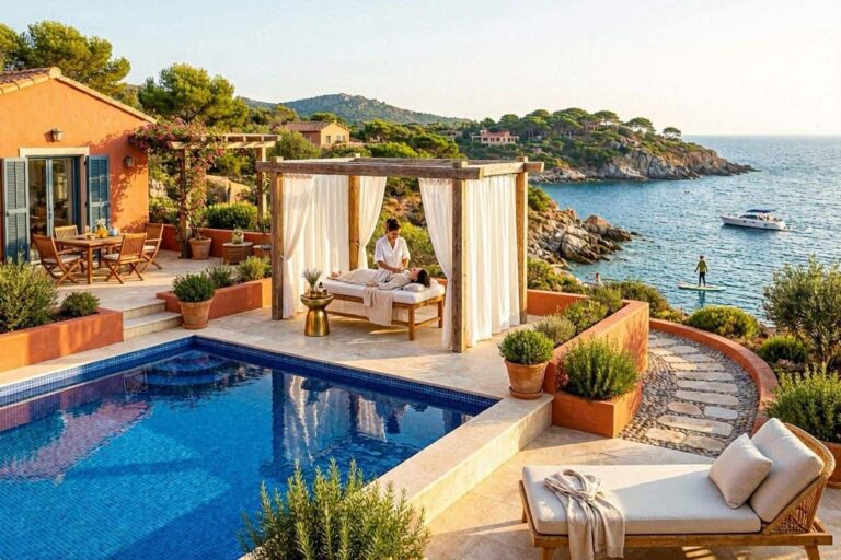 Outdoor spa by the sea: masseuse giving a massage under a white-draped cabana beside a blue pool with a villa and dining area nearby, and rocky coastline in the background.