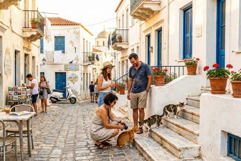 Tourists in a sunlit cobblestone street greet several friendly cats on white stairs lined with potted geraniums.