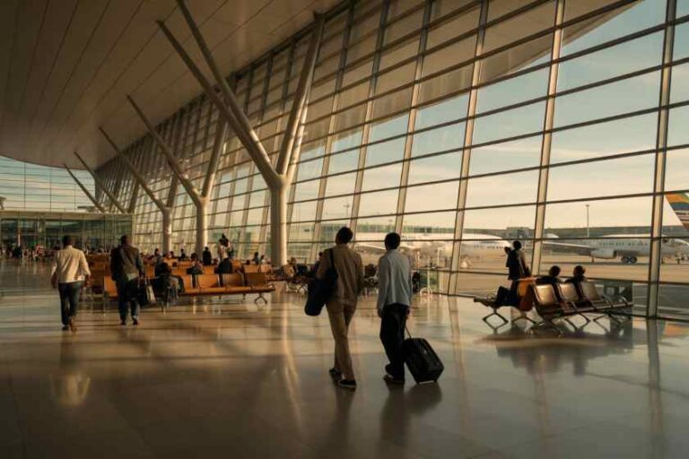 Busy airport terminal with passengers walking and sitting, large glass walls and planes visible outside.