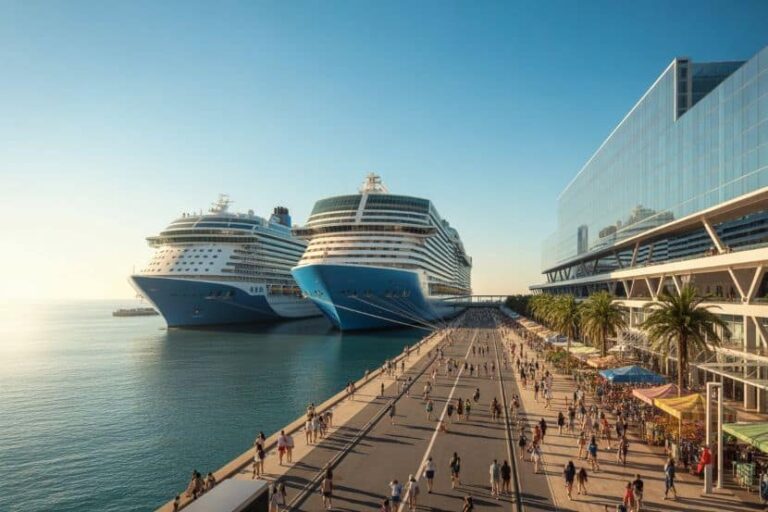 Two large blue-and-white cruise ships docked at a sunny port beside a glass-fronted terminal, with a crowded promenade and palm trees.