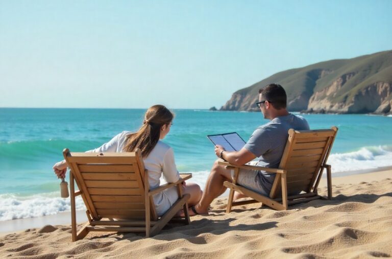 Couple sitting on wooden beach chairs, facing turquoise ocean, reading a tablet together as waves roll in.