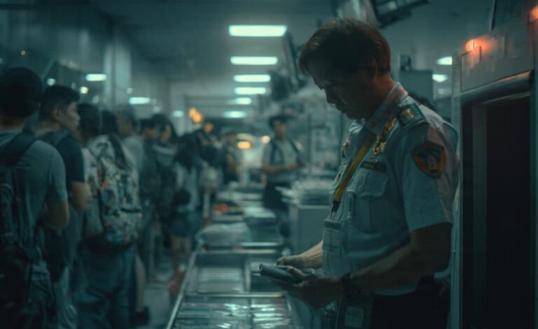 Uniformed security staff uses a handheld device at a conveyor belt as a line of passengers waits in a dim, blue-lit area.