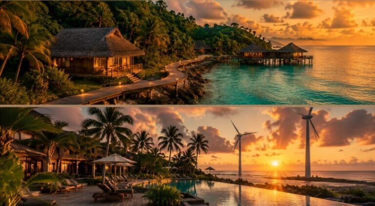 Two tropical resort scenes at sunset: upper image shows overwater bungalows connected by a wooden walkway amid palm trees; lower image shows a pool area with loungers, palm trees, and distant wind turbines offshore as the sun sets.