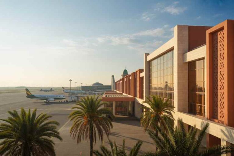 Airport terminal with glass facade, palm trees, and planes on the tarmac at sunset.