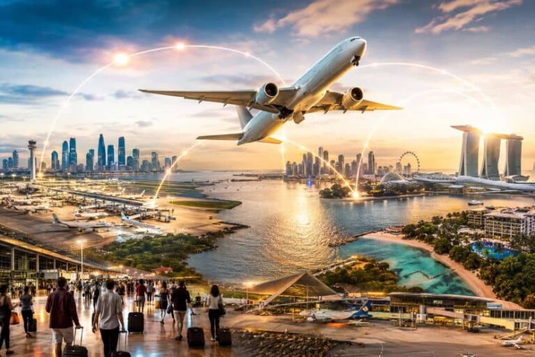 Airplane taking off over Singapore skyline at sunset, with passengers walking at the airport foreground.