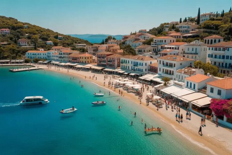 A sunny seaside town with a curved sandy beach, turquoise water, and white buildings along the shore lined with cafes and umbrellas.