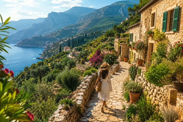 Woman in a white dress and straw hat walks along a stone village path with potted plants, overlooking the sea and cliffside village.