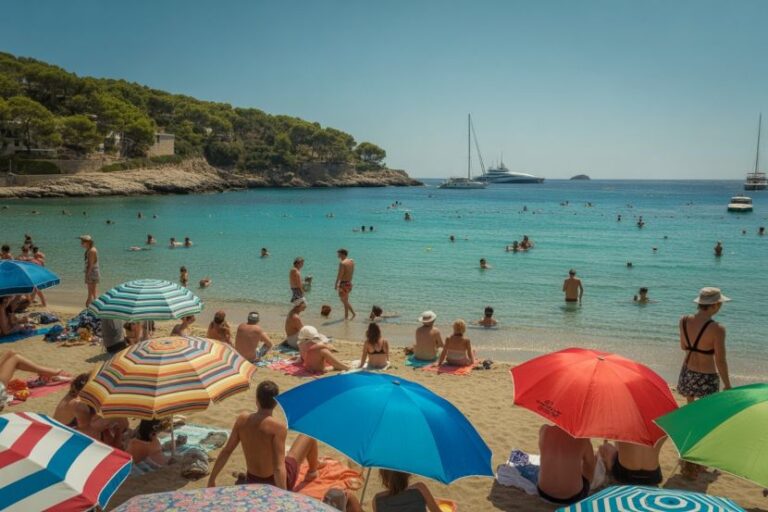 Crowded sandy beach with colorful umbrellas, sunbathers on the sand, and turquoise water with boats anchored offshore on a sunny day.